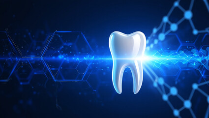 Futuristic Dental Care A Modern Tooth Against a Digital Backdrop with Molecular Structures and a Shining Light Beam
