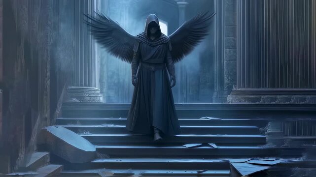 Hooded figure with large black wings standing on ancient stone stairs in ethereal blue architectural space. Mysterious supernatural being positioned centrally with dramatic wing spread.