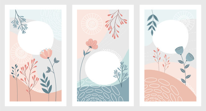 Set mit drei Vektorgrafiken mit Blumen und Zweigen in Pastellfarben. Freier Platz für Text. Vorlagen für Einladungen, Grußkarten, Social Media Posts, Cover und Werbung.
