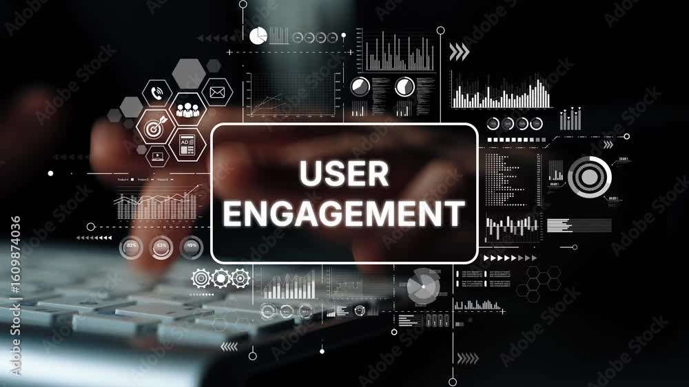 Poster hands typing on keyboard with user engagement concept and data visualization graphics in background 