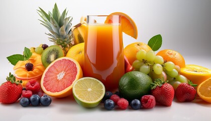 fresh fruits and juice displayed on a white background with vibrant colors and appealing arrangement