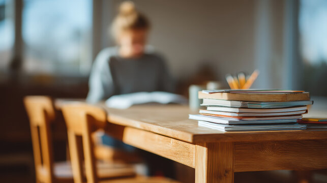 focused female student studies at her desk surrounded by various stationery items including notebooks pens and