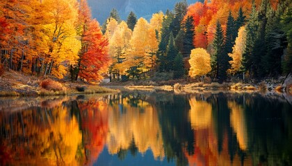Obraz premium vibrant autumn trees reflected in tranquil waters of a scenic landscape
