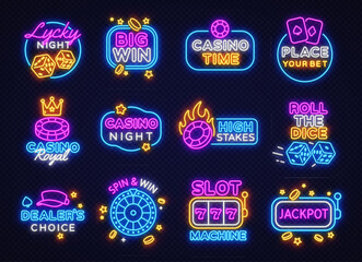 Big neon sign set with twelve glowing casino-themed designs including lycky night, high stakes, spin and win, big win, and more. Colorful glowing icons on dark background.