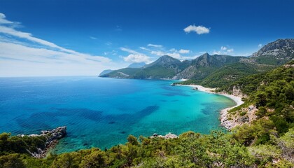 Fototapeta premium captivating coastal landscape turquoise bay majestic mountains and azure sea a breathtaking panoramic view of a serene coastal paradise perfect for travel and vacation inspira