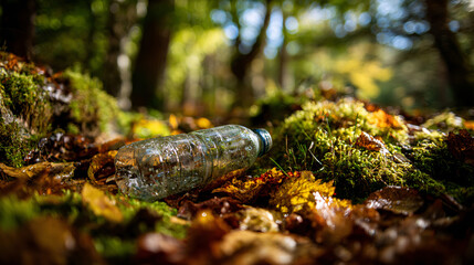 Obraz premium Discarded Plastic Bottle in Autumn Forest