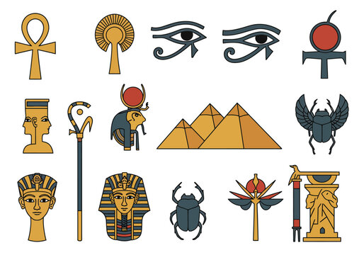 An Illustrated Collection of Iconic Ancient Egyptian Symbols and Hieroglyphs Representing Mythology Culture and History