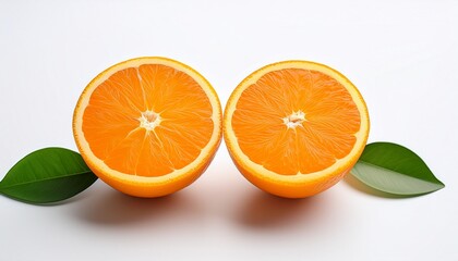 Fototapeta premium two juicy orange halves segmented and vibrant rest beside a lush sprig of green citrus leaves on a bright white background creating a refreshing and healthy image generative ai