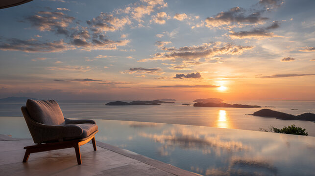 Luxury Resort Infinity Pool Overlooking Ocean Islands at Sunset with Chair