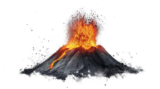 Erupting volcano with molten lava and ash explosion effect on white background 