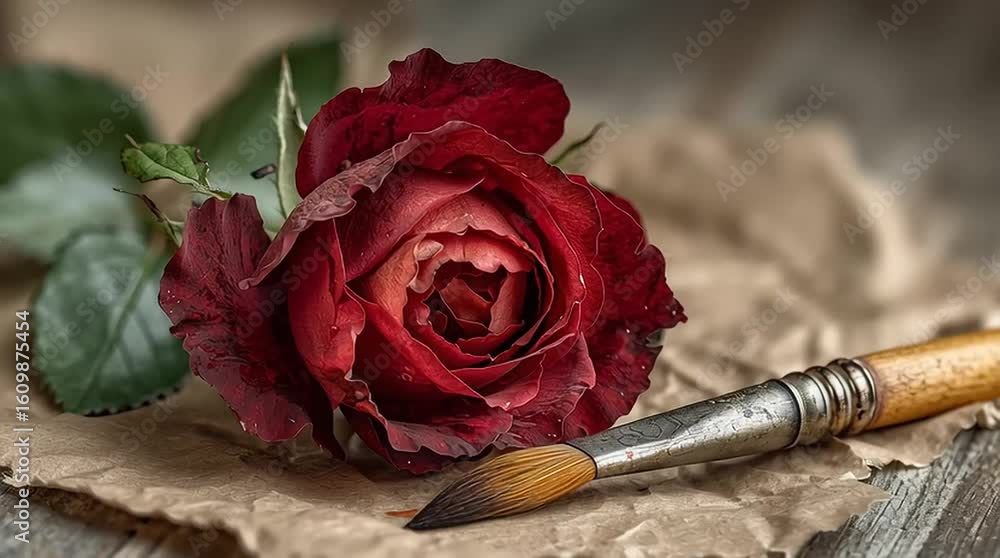 Poster red rose with a brush on textured paper creating a serene artistic setting