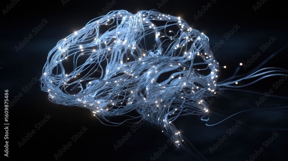 Poster representation of a brain constructed from tangled wires and glowing leds illuminating a dark space