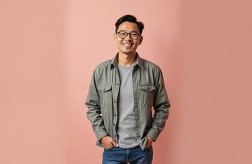 Fototapeta premium Smiling Asian man in his 50s, wearing glasses and casual clothes, with hands in pockets against a pink background. He exudes a smart, friendly, and approachable demeanor.