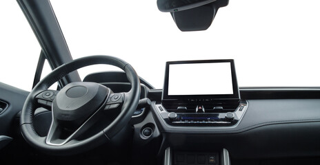 Car interior with isolated blank display screen and windshield