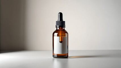 Amber Glass Dropper Bottle with Blank Label on White Surface