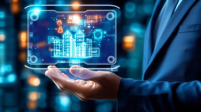 Professional in blue suit holding holographic interface displaying city buildings with digital network connections. Innovative technology concept with glowing urban landscape projection.