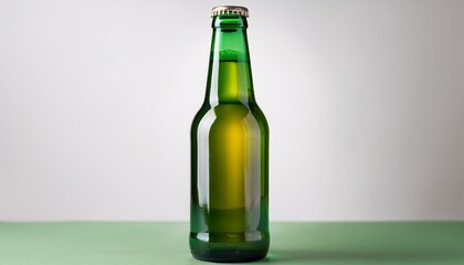 a solitary empty green glass beer bottle stands upright on a plain white background its label worn hd 8k eid wallpaper photographic image