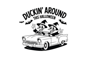 Duckin’ Around this Halloween, Duck Friends Driving on Retro Halloween Typography T Shirt Design