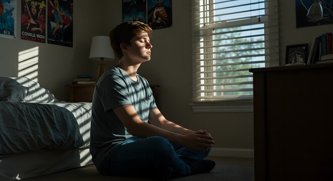 SunStriped Contemplation Teenager Meditating in a Quiet Sunlit Bedroom. - Powered by Adobe