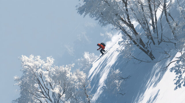 serene snowcovered forest trekking scene featuring skier in red jacket navigating through trees