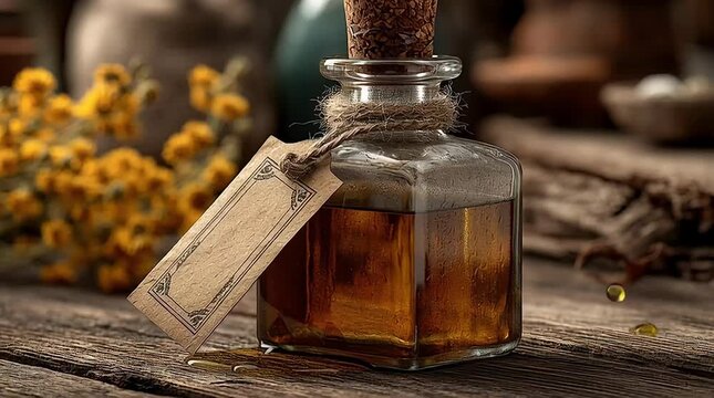 Crafting a rustic herbal potion in a cozy workshop setting