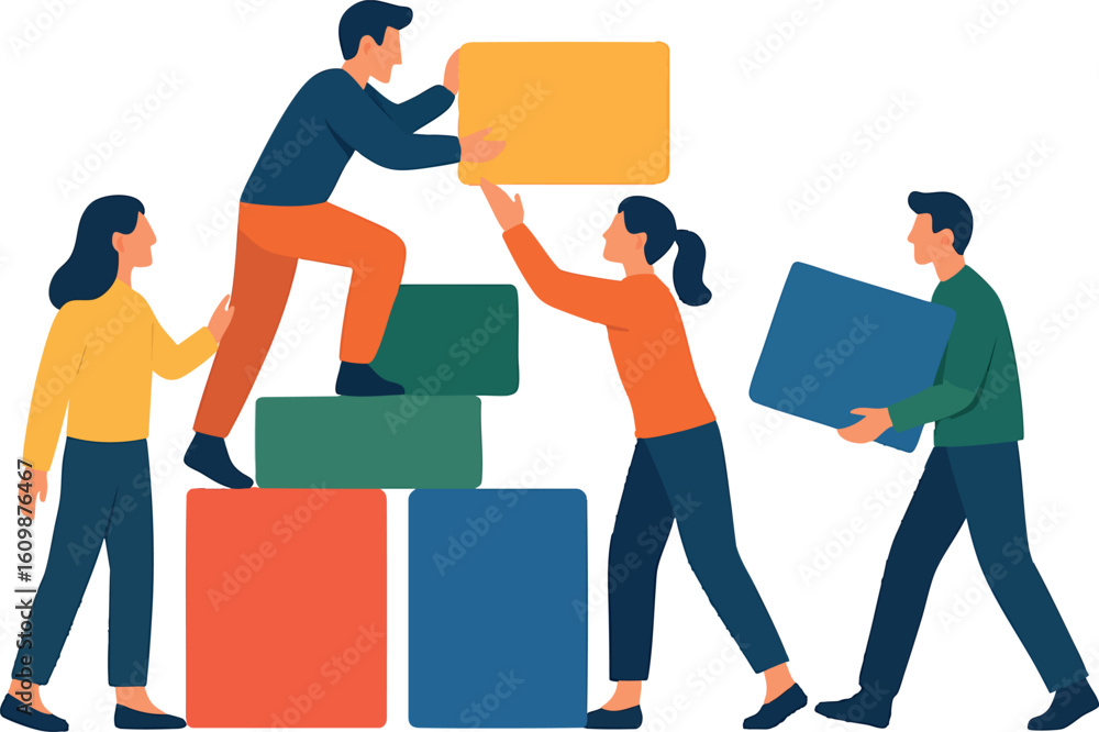 Aufkleber flat vector people building a structure with colorful blocks, collaboration in progress, isolated on