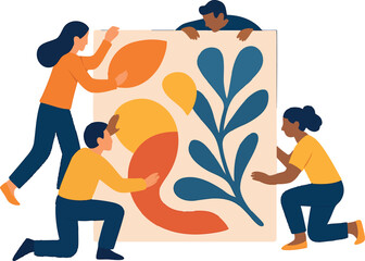 Flat vector people creating one big illustration together from different sides, flat co-creation, isolated on white
