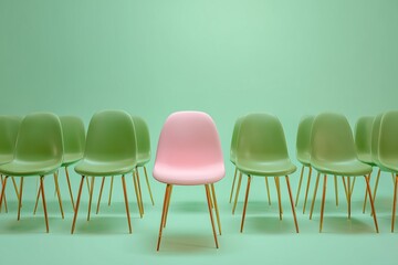 A pink chair in the center surrounded by green chairs on a light green background.