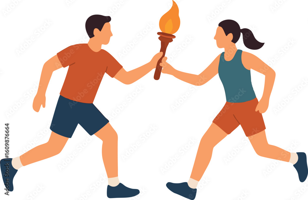 Poster flat vector person handing over torch to next runner, relay-style metaphor for handoff and trust, is
