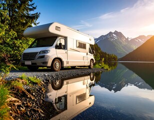 A silver camper van parked by a serene lake, reflecting the mountains