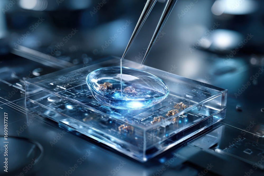 Poster scientific experiment showing precision in liquid manipulation in a laboratory setting