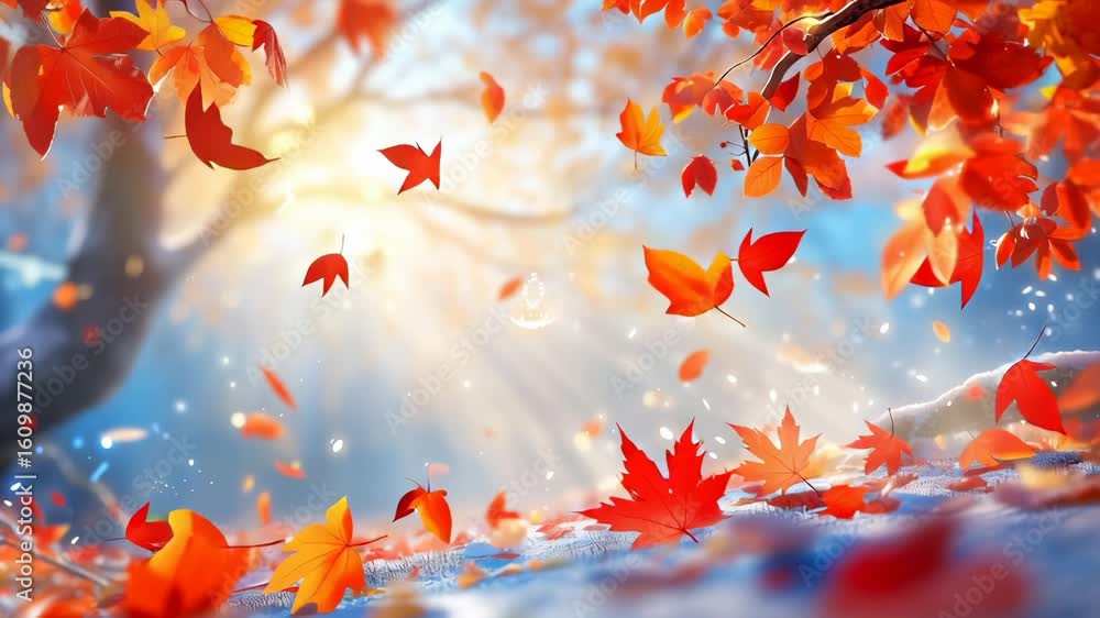 Poster vibrant red and orange maple leaves falling through sunlit sky with soft bokeh background. delicate 