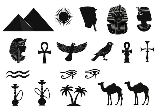 Ancient Egyptian Symbols and Icons Featuring Pyramids Pharaohs Ankh Hieroglyphs Scarab and Camels Illustrating Historical Cultural and Artistic Elements of a Civilization
