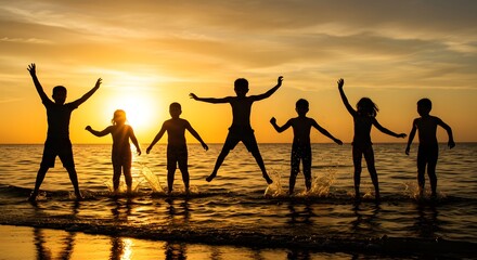 Silhouette of Joyful Children Jumping in Ocean at Sunset Golden Hour Summer Fun.