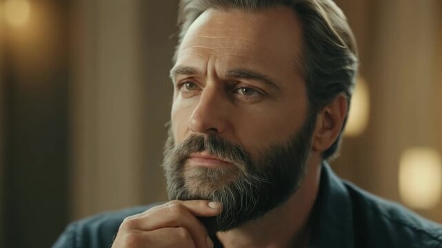 Man with beard ponders deeply while touching his chin in cozy indoor setting