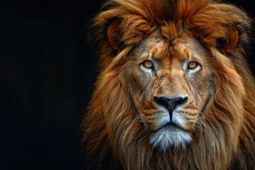 Fototapeta premium Portrait lion on the black. Detail face lion. Hight quality portrait lion. Portrait from animal
