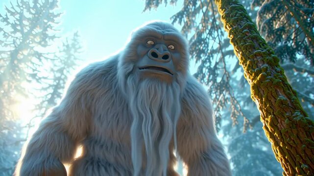 Furry white yeti walking through misty winter forest with sunlight filtering through trees. Mythical creature exploring snow-covered terrain with moss-covered trees in background