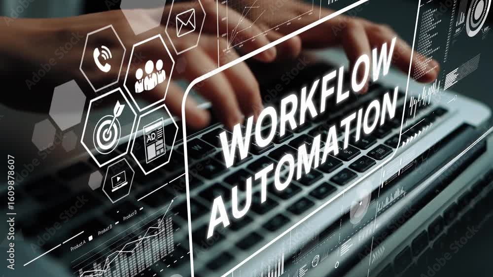 Poster hands typing on a laptop with workflow automation concepts and digital graphs for business efficienc