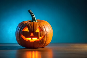 A glowing jackolantern pumpkin with a carved scary face sits on a wooden table with a blue background
