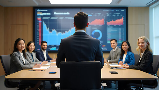 Business team in a modern conference room with a presenter facing a large screen displaying financial data and charts