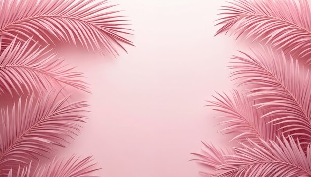 Pink palm fronds frame soft pink backdrop creating dreamy tropical feel. Great for backgrounds, decorative designs, or summer themes. Subtle gradient and lighting add depth.