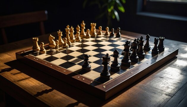 Dramatic Low-Angle Chessboard Game in Shadowy Light