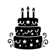 Black Silhouette Vector of a Multi-Tiered Birthday Cake with Candles, Editable Formats: AI, EPS, JPG, PNG, Ideal for Both Digital and Print Use
