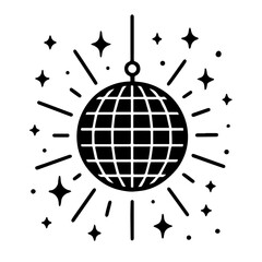 Detailed Black Silhouette Vector of a Hanging Disco Ball with Beams of Light Radiating Out, Editable Formats: AI, EPS, JPG, PNG, Ideal for Both Digital and Print Use
