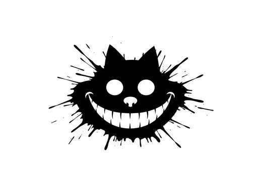 Playful black cat face with mischievous smile and ink splashes 