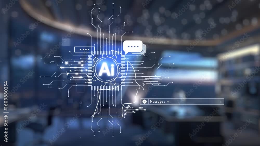 Poster a robotic hand reaches towards an ai interface in a modern tech setting, symbolizing the integration