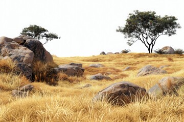 Savanna with faded grass and rocks, cut out