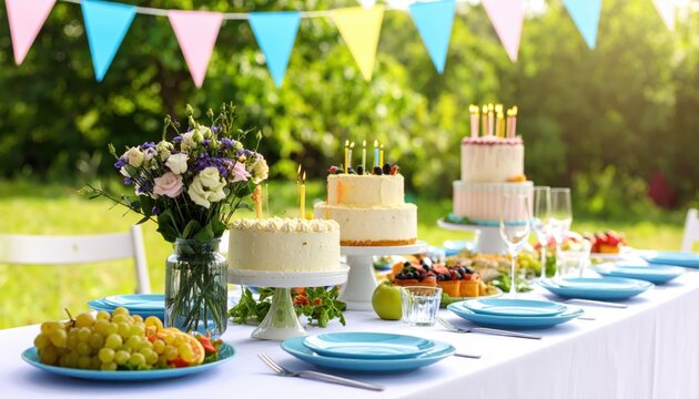 Outdoor birthday celebration with cakes, flowers, and festive bunting in a sunny garden setting