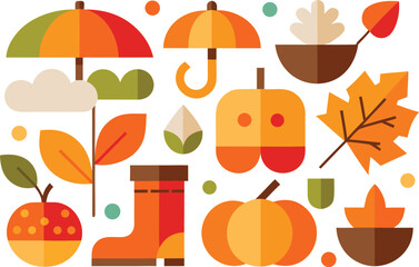 A vibrant collection of flat design autumn elements including pumpkins umbrellas leaves acorns and a rain boot perfect for seasonal celebrations and decorations