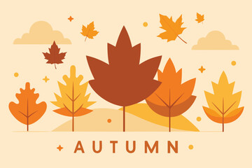 Stylized flat illustration of colorful autumn leaves falling from trees with scattered clouds in a warm earthy color palette representing the season